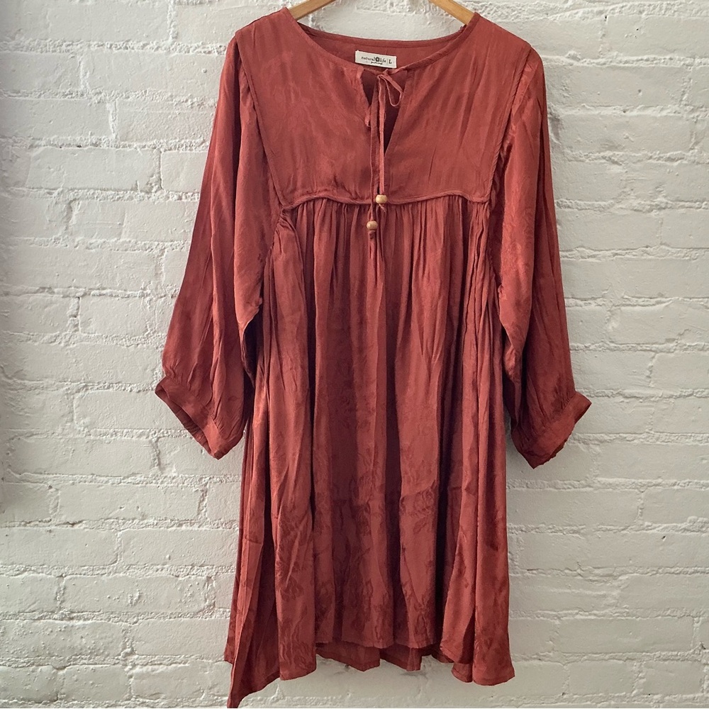 Natural Life Flowy Babydoll Mini Dress Rust Orange Boho Whimsical Fairy Size L - Picture 2 of 9